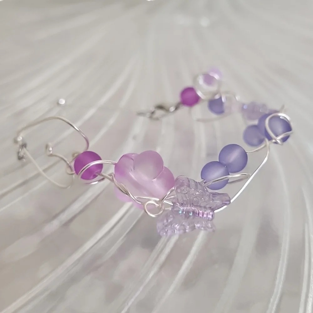 Silver Plated Holographic Butterfly Frosted Glass Wire Ball Chain Bracelet - Picture 3 of 14